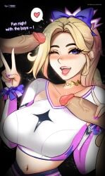 1girls 2boys 2boys1girl belly_button big_breasts blonde_female blonde_hair cheerleader clothed_female_nude_male clothed_sex female fluids fortnite freckles haylee_skye_(fortnite) male myst nails nude painted_nails ribbon ribbon_in_hair threesome tongue tongue_out trio yhw