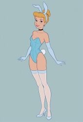 1girl ai_generated bare_shoulders bare_thighs blonde_hair blue_eyes blue_leotard blush bun bunny_ears bunny_tail choker cinderella cinderella_(1950_film) cinderella_(disney) collarbone disney disney_princess earrings elbow_gloves eyelashes eyeshadow female groin hairband hairbun high_heels highleg_leotard leotard lips looking_at_viewer playboy_bunny princess sandlecrantz_(ai_generator) simple_background small_breasts smile standing strapless_leotard thighhighs thighs