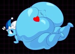 absurd_res ambiguous_gender anthro anus ass big_butt black_eyes blue_body clothing cyandrive98 darkner deltarune elemental_creature exclamation_point fool's_hat hat headgear headwear heart_symbol hi_res huge_butt huge_hips huge_thighs hyper hyper_butt looking_back mizzle_(deltarune) not_furry nude solo soul_(undertale) spread_butt spreading thick_thighs undertale_(series) water water_creature wide_hips