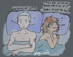 1boy after_sex bruises dialogue eye_patch eyepatch female in_bed missing_eye original_character yagi_arts