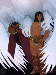 1girls applesauce_jack axe bird breasts brown_eyes brown_hair dark_skin elden_ring feet hawk muscular nepheli_loux nude spirit