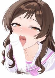 1boy blank_censor blush bow bowtie brown_eyes brown_hair censored cropped_torso erection fellatio female half-closed_eyes heart heart-shaped_pupils highres idolmaster idolmaster_million_live! kitazawa_shiho licking licking_penis long_hair looking_at_viewer male male_pubic_hair open_mouth oral penis pink_bow pink_bowtie pubic_hair sailor_collar saliva school_uniform serafuku shirt simple_background solo_focus straight sweat symbol-shaped_pupils tongue tongue_out white_background white_sailor_collar white_shirt zhan_jie_wang