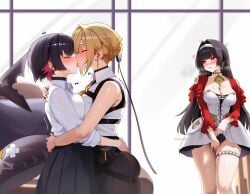 3girls absurdres apartment artist_name ass astra_yao biting_own_lip black_choker black_hair black_pants black_skirt blonde_hair blush breast_press breasts chest_harness choker cleavage closed_eyes colored_inner_hair commission commissioner_upload couch dress ear_piercing earrings ellen_joe ellen_joe_(on_campus) evelyn_chevalier female_pervert fingering fins fish_tail french_kiss hairband harness heart heart-shaped_pupils high-waist_pants highres hug jacket jewelry kissing large_breasts long_hair long_ribbon moaning multicolored_hair multiple_girls necklace necktie pants pearl_necklace pervert piercing pixiv_commission pleated_skirt pussy_juice red_hair red_jacket red_shrug ring_hair_ornament saliva school_uniform shark_girl shark_tail shirt short_hair skindentation skirt sleeveless sleeveless_shirt soba11 sweat symbol-shaped_pupils symmetrical_docking tail thigh_beads thighs tight_clothes tight_pants tongue tongue_out voyeurism white_dress white_hairband white_shirt window yellow_necktie yuri zenless_zone_zero