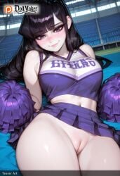 ai_generated bangs black_hair blunt_bangs blush breasts cheerleader dollmaker dollmaker_(artist) female large_breasts long_hair navel pale_skin patreon_logo patreon_username pom_pom_(cheerleading) purple_eyes skirt smile solo sweat tagme thighs watermark web_address