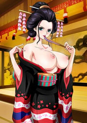 1girls alternate_costume areola areola_slip areolae bare_shoulders big_breasts black_hair breasts erect_nipples fan female female_only geisha hair_ornament japanese_clothes kimono large_breasts nico_robin nihongami nipples oiran one_piece orobi raida_(j5einmnjp3r49k6) red_lipstick smile solo solo_female sweating wano_country