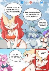 anthrofied beach big_breasts braixen bray_(lucyfercomic) breasts cleavage comic female furry glaceon huge_breasts lucyfercomic pokemon pokemon_(species) string_bikini tagme text thick_thighs wide_hips