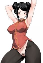 absurdres armpits black_eyes black_hair black_pantyhose blush braid braided_hair_rings breasts bright_pupils cameltoe censored chinese_clothes cleft_of_venus contrapposto covered_nipples female female_pubic_hair hair_bun hair_rings highres isshou_senkin large_breasts mosaic_censoring mousekkk pantyhose pubic_hair pussy red_shirt ringed_eyes shirt simple_background solo sweat tangzhuang white_background white_pupils yuzuha_lee