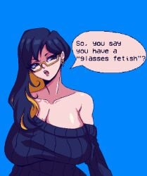 animated big_breasts binah black_eyes black_hair blue_background earrings glasses library_of_ruina lobotomy_corporation mole_under_eye open_mouth partially_clothed pixel_animation pixel_art project_moon sweater text two_tone_hair yellow_hair zolotokos