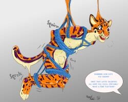 2025 bodysuit bondage bondage bound cheetah clothing dialogue edging fake_eyes felid feline glistening glistening_body goo_transformation hi_res latex latex_bodysuit latex_clothing latex_skinsuit male mammal markings null_bulge restraints riggedreded rope rope_bondage rope_harness skinsuit spots spotted_body tight_clothing toy transformation trapped
