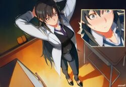1futa ai_generated aigatari black_hair blush bulge futa_on_male futanari heavy_breathing hiratsuka_shizuka huge_breasts my_teen_romantic_comedy_snafu teacher