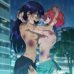 2girls ai_generated amate_yuzuriha angry angry_expression blue_hair blush blush_lines blushing_female catfight different_breast_sizes dirt dirty female fight gundam_gquuuuuux interracial long_hair nyaan_(gundam_gquuuuuux) rain raining red_hair ripped_clothing scar scars scratch_marks scratches short_hair skirt sweat sweatdrop sweating sweaty thighs topless wrestling