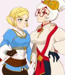 2girls artist_name black_gloves black_pants blonde_hair blue_shirt bob_cut braid breast_press breasts closed_mouth coat commentary_request cowboy_shot crown_braid fingerless_gloves glasses gloves goggles goggles_on_head gold_trim green_eyes hand_on_own_hip highres large_breasts medium_breasts multiple_girls pants pink_background pointy_ears princess_zelda purah red-framed_eyewear red_eyes round_eyewear sheikah shirt short_hair simple_background sleeveless sleeveless_shirt sweatdrop teraichigo the_legend_of_zelda the_legend_of_zelda:_tears_of_the_kingdom updo white_coat white_hair white_shirt