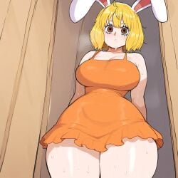 ai_generated big_breasts blonde_hair brown_eyes bunny bunny_ears carrot_(one_piece) crowai curvy cute_face female one_piece orange_dress thick_thighs white_fur