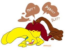 anthro ass ass_up bite biting_lip biting_own_lip blue_body blushing_profusely brown_body candy chocolate dessert empty_eyes english_text excessive_feces fakemon fart fart_cloud feces feces_pile female floppy_ears food food_creature food_feces fur hyper hyper_feces hyper_feces_pile lagomorph leporid living_marshmallow mammal mochamel_(theonetruesinner) peeps pooping_on_floor profanity rabbit raised_tail scat scatplay scut_tail self_bite short_tail simple_background solo sound_effects tail teeth text theonetruesinner unusual_feces white_background yellow_body yellow_fur