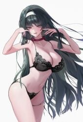 1girls :d absurdres alternate_costume arms_up astra_yao black_bra black_hair black_panties blunt_sidelocks bra breasts choker earrings female floating_hair hair_spread_out hairband highres jewelry lingerie long_hair mumu_0221 navel panties red_choker sidelocks simple_background smile solo stomach thigh_strap underwear underwear_only uneven_bangs very_long_hair white_background white_hairband zenless_zone_zero