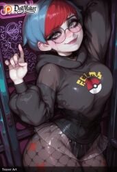 ai_generated blue_hair breasts dollmaker dollmaker_(artist) female fishnet_legwear fishnets glasses grey_eyes hoodie long_sleeves looking_at_viewer multicolored_hair pantyhose patreon_logo patreon_username red_hair smile solo tagme two-tone_hair watermark