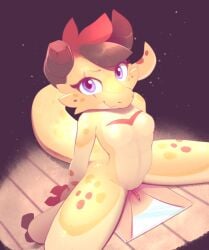 2025 anthro b-epon breasts clitoris countershade_torso countershading digital_media_(artwork) feet female fingers front_view genitals hi_res horn kobold looking_at_viewer mirror nude nude_anthro nude_female purple_eyes pussy scalie sitting smile solo spread_legs spreading tail toes yellow_body yellow_tail