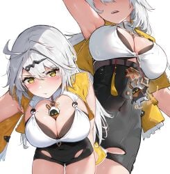 1girls absurdres armpits bangboo_(zenless_zone_zero) between_breasts black_shorts blush breasts commentary eous_(zenless_zone_zero) female from_below hair_ornament hairclip high-waist_shorts highres jacket large_breasts leaning_forward looking_at_viewer mole mole_on_breast multiple_views outline parted_lips reaching reaching_towards_viewer shorts vincent_leo white_hair white_outline yellow_eyes yellow_jacket yin_yang_pin yixuan_(zenless_zone_zero) zenless_zone_zero