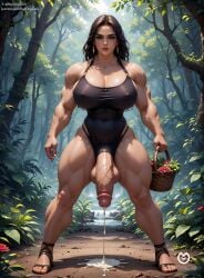 1futa ai_generated balls basket big_balls big_breasts big_penis cock covered_abs cum cumming cumming_on_floor dark_hair forest futanari intersex muscular penis redonezero roses standing tribe