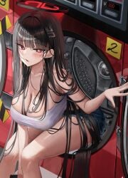 absurdres alternate_costume black_hair black_halo blue_archive blush breasts bright_pupils cleavage commentary denim denim_shorts female hair_ornament hairclip halo highres hsxxx huge_breasts long_hair looking_at_viewer red_eyes rio_(blue_archive) shorts solo tank_top thighs very_long_hair washing_machine white_pupils