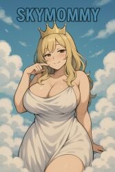 1girls ai_generated anime blonde_hair brown_eyes catholic catholicism clothed clouds curvy curvy_female curvy_figure deity funny genderbend genderswap genderswap_(mtf) giantess lambai11 mature_female milf mythology religion rule_63 sfw shitpost sky text white_skin