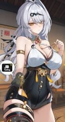 1girls :o absurdres armlet bare_shoulders bird black_bird black_shorts blush breasts cleavage commentary female game_screenshot_background hair_ornament hairclip high-waist_shorts highres indoors jewelry large_breasts long_hair looking_at_viewer mole mole_on_breast open_mouth screenshot_background shorts solo speech_bubble string_pull taboo_(selfmadeappler) white_hair yellow_eyes yixuan_(zenless_zone_zero) zenless_zone_zero