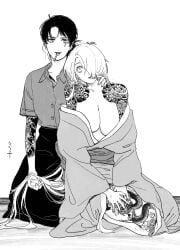 2girls big_breasts cigarette cleavage covered_nipples female female_only fully_clothed gegege_no_kitarou ghost_girl hair_over_one_eye iamurako irezumi japanese_clothes kimono kitarou_tanjou_gegege_no_nazo long_hair looking_at_viewer mizuki_(gegege_no_kitarou) monochrome no_bra sitting smoking tattoo tattoos very_long_hair youkai yuri