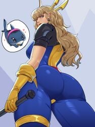 1girl angry armor ass ass_focus blonde_hair blue_eyes booty butt_focus clothed clothed_ass clothed_female collar earrings fins fish_tail gloves heart highres holding holding_weapon illyana_rasputin jeff_(marvel) jeff_the_land_shark jewelry long_hair looking_back magik_(illyana_rasputin) magik_(marvel_rivals) magik_(x-men) marvel marvel_rivals official_alternate_costume shark shark_fin shark_tail shoulder_armor simple_background skullworms superhero_costume sword_earrings tail weapon x-men yellow_gloves