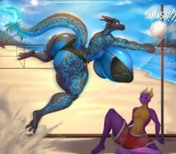 activision anthro ass beach big_ass big_breasts bikini bodily_fluids breasts clothed clothing dragon duo female hi_res huge_breasts male mrxrayfire multicolored_body mythological_creature mythological_scalie mythology nightshade_(dragonofdarkness1992) scalie spyro spyro_the_dragon sweat swimwear two-piece_swimsuit