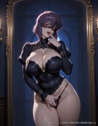 1girl ai_generated bangs black_panties breasts candle cleavage covered_nipples female_masturbation finger_to_mouth fingering ghost_in_the_shell highleg juliet_sleeves large_breasts long_sleeves looking_at_viewer mask masturbation mirror motoko_kusanagi night nyx_x open_mouth panties patreon_username puffy_sleeves purple_hair questionable red_eyes reflection short_hair skindentation solo thick_thighs thighs tongue underwear