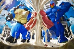 absurd_res aircraft anthro avian balls beak big_balls big_penis bird blue_body blue_feathers blue_fur blush bodily_fluids canid canine city closed_eyes cum destruction duo erection excessive_cum excessive_genital_fluids eye_contact falco_lombardi feathers flooding frottage fur generation_4_pokemon genital_fluids genitals green_eyes helicopter hi_res looking_at_another low-angle_view lucario macro male mammal muscular nintendo nunudodo orgasm penile penis penises_touching pokemon pokemon_(species) rampage red_eyes sex star_fox vehicle vein veiny_penis worship