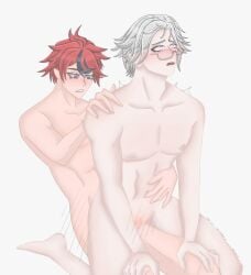 2boys abs ahoge aotsuki_eito bare_arms bare_hips bare_legs bare_pectorals bare_shoulders barefoot black_hair blue_eyes blush collarbone completely_nude cuntboy cuntboy_penetrated cuntboy_with_male eito_aotsuki full_body glasses male_focus messy_hair multicolored_hair multiple_boys muscular muscular_male nipples nude open_mouth pectorals red_hair sex simple_background streaked_hair sumino_takumi takumi_sumino teeth the_hundred_line_-last_defense_academy- white_background white_hair