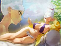 1girls absurdres ayase_seiko beehive_hairdo bikini breasts brown_eyes cigarette commentary covering_crotch covering_privates criss-cross_halter dandadan earrings english_commentary female from_side glasses grin halterneck hand_on_own_face highres holding holding_cigarette hoop_earrings hymin hymin_art jewelry large_breasts leaf looking_at_viewer lying mature_female multiple_views navel off_shoulder ofuda on_side one_eye_closed purple_bikini red-framed_eyewear semi-rimless_eyewear smile smoke smoking sweater swept_bangs swimsuit tall_hair yellow_sweater