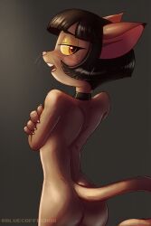 2025 anthro arm_tuft ass black_hair bluecoffeedog blush blush_lines blushing_profusely bob_cut brown_body brown_fur choker choker_only claws crossed_arms domestic_cat eyeshadow felid feline felis female fur hair hi_res ivy_pepper jewelry lackadaisy looking_back makeup mammal necklace necklace_only nude nude_female pose rear_view shoulder_tuft solo subsurface_scattering tasteful tasteful_nudity tuft whiskers