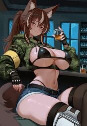 absurdres animal_ear_fluff animal_ears belt bikini black_belt black_bikini black_choker black_gloves black_thighhighs breasts breasts_out brown_eyes brown_hair callisto_(greyeth) camouflage camouflage_jacket choker closed_mouth covered_erect_nipples cropped_jacket crossed_legs cup denim denim_shorts drinking_glass female fingerless_gloves gloves green_shrug hair_between_eyes highleg highleg_bikini highres holding holding_cup hood hood_down indoors jacket large_breasts light_blush linea_alba long_hair looking_at_viewer multicolored_hair navel navel_piercing original panty_straps piercing ponytail second-party_source short_shorts shorts sitting skindentation smile solo stomach streaked_hair swimsuit tail thighhighs thighs window wolf_ears wolf_girl wolf_tail yan_kodiac