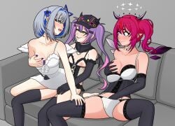 3girls amane_kanata angel angel_and_devil angel_girl breasts colored_nails demon_girl demon_tail female female_only grey_hair hololive hololive_english hololive_japan irys_(hololive) light-skinned_female light_skin nipples pink_hair purple_hair tokoyami_towa unholyspicy virtual_youtuber yuri