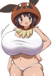 1girls aged_up big_breasts black_hair breasts clothed cosplay eevee_(cosplay) female female_only game_freak huge_breasts jaga334 light_skin nintendo npc_trainer one_breast_out poke_kid_(pokemon) poke_kid_(pokemon_ss) pokeball pokemon pokemon_(cosplay) pokemon_ss smile smiling_at_viewer solo white_background