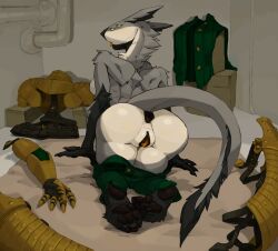 anthro anus armor ass bent_over bodily_fluids detailed_background feet female grey_body hi_res kneeling kofomy looking_at_viewer multicolored_body open_mouth pawpads paws pussy raised_tail seductive solo tail tongue tongue_out two_tone_body