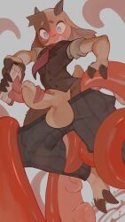 anthro balls blue_eyes blush bottomwear bottomwear_down bovid caprine clothed clothing femboy genitals goat grey_background hi_res horn humanoid_genitalia humanoid_penis male mammal milkesheique pants pants_down partially_clothed penis shirt simple_background solo tentacle tentacle_around_penis topwear