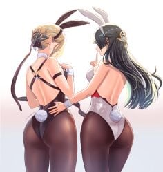 2girls alternate_costume animal_ear_hairband animal_ears ass astra_yao back backless_leotard bare_shoulders black_hair black_leotard blonde_hair braid braided_bun breasts brown_pantyhose commentary_request earrings evelyn_chevalier fake_animal_ears fake_tail fine_fabric_emphasis from_behind hair_bun hair_ornament hairband hand_up highleg highleg_leotard highres jewelry large_breasts leotard long_hair mitsukayurie multiple_girls paid_reward_available pantyhose parted_lips playboy_bunny rabbit_ear_hairband rabbit_ears rabbit_tail simple_background smile tail thighs white_background white_hairband white_leotard wrist_cuffs zenless_zone_zero