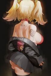 absurdres arm_tattoo artist_logo ass back_tattoo black_jacket black_skirt black_thighhighs blonde_hair bra breasts burnice_white character_name choker clothes_writing commentary cowboy_shot english_commentary facing_away female from_side hair_ornament highres hymin hymin_art jacket large_breasts logo long_sleeves miniskirt off_shoulder pleated_skirt print_jacket red_bra red_choker sideboob skirt sleeves_past_wrists solo standing tattoo thighhighs twintails underbutt underwear zenless_zone_zero