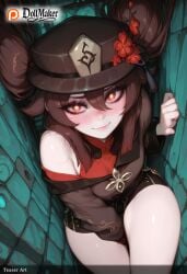 ai_generated artist_name blush breasts brown_hair chinese_clothes dollmaker dollmaker_(artist) female flower hat long_hair looking_at_viewer patreon_logo patreon_username smile solo symbol-shaped_pupils tagme thighs twintails watermark web_address