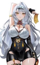 1girls absurdres arm_behind_head armpits asymmetrical_gloves bare_shoulders black_gloves breasts cleavage commentary elbow_gloves female fingerless_gloves gloves grey_hair highres large_breasts long_hair looking_at_viewer mole mole_on_chest parted_lips simple_background solo standing thaba thigh_strap tight_clothes uneven_gloves white_background yellow_eyes yixuan_(zenless_zone_zero) zenless_zone_zero