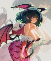 animal_ears animal_print bare_shoulders bat_print bat_wings black_hair black_leotard breasts cleavage commentary cosplay darkstalkers female from_side green_eyes hashtag-only_commentary head_wings highres hymin hymin_art jane_doe_(zenless_zone_zero) large_breasts leotard long_hair morrigan_aensland morrigan_aensland_(cosplay) mouse_ears mouse_girl mouse_tail multicolored_hair pantyhose parted_lips pink_pantyhose red_hair solo tail two-tone_hair wings zenless_zone_zero zoom_layer