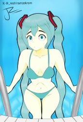 anime_style bangs bangs_between_eyes bikini bikini_bra blue_eyes blue_hair bra breasts clavicl3 clavicle clavicles cyan_eyes cyan_hair ecchi eyelashes falling_breasts fringe fringe_hair full_color full_colour green_eyes green_hair hatsune_miku hatsune_miku_(collared_bikini) hentai light-skinned_female long_hair looking_at_viewer metal miku navel nsfw pool reshiram_zecrom sfw short_hair sketch small_breasts straight_eyelashes straight_hair thick_external_lineart thick_thighs thighs thin_eyebrows tied_hair twintails twitter twitter_username vocaloid water yellowish yellowish_skin