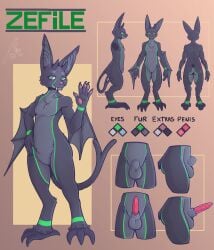 absurd_res animal_genitalia anthro bat bat_ears bat_wings color_swatch fangs felid feline femboy forked_tail fur genitals green_eyes green_markings grey_body grey_fur hi_res horn hybrid long_ears male mammal markings membrane_(anatomy) membranous_wings model_sheet pawpads penile_spines penis reference_image sheath small_horn solo spoonfullofdirt tail teeth unusual_anatomy unusual_tail wings zefile