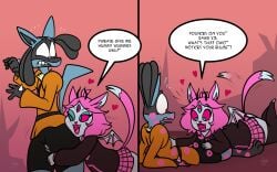 1boy 1girls 2d 2d_(artwork) 3_eyes after_kiss bulge cat_ears cat_girl cat_tail cling clinging demon demon_cat demon_girl demon_horns demon_tail dialogue digital_media_(artwork) emberlynn_pinkle emberlynn_pinkle_(demon_form) eyeshadow feline freckles freckles_on_face game_freak grabbing grabbing_another's_leg hell helluva_boss horns jamearts kiss_mark kissing laying_on_ground lipstick lipstick_mark lucario nintendo non-human penis_bulge pink_hair pink_lips pink_lipstick pink_lipstick_mark pokemon pokemon_(species) shocked shocked_expression shocked_eyes short_hair tail two_tone_body two_tone_fur vivienne_medrano vivziepop