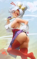 1girls : absurdres ass black_gloves breasts bunching_hair clothes_lift commentary dark-skinned_female dark_skin english_commentary eyeliner eyeshadow female glasses gloves goggles goggles_on_head head_tilt headband highres holding holding_smoking_pipe hymin hymin_art large_breasts lifting_own_clothes looking_back makeup medium_hair narrow_waist no_bra no_panties paid_reward_available purah purple_skirt red-framed_eyewear red_eyes red_eyeshadow red_headband red_sash red_thighhighs round_eyewear sash sheikah short_eyebrows sideboob single_off_shoulder skindentation skirt skirt_lift smoking_pipe solo standing standing_on_one_leg the_legend_of_zelda the_legend_of_zelda:_tears_of_the_kingdom thighhighs updo white_hair