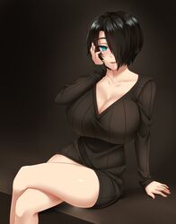 big_breasts black_hair blue_eyes blush saya_(twrlare) short_hair solo sweater thin_waist twrlare