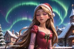 1girls ai_generated artist_name aurora blonde_hair breasts building chimney christmas christmas_tree closed_eyes disney disney_princess dress eyeshadow hat hi_res house long_hair long_sleeves makeup night outdoors parted_lips progenarts puffy_sleeves rapunzel rapunzel_(tangled) red_dress santa_hat short_sleeves sky small_breasts snow snowing solo star_\\\\(sky\\\\) tangled upper_body watermark web_address